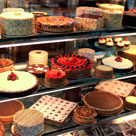 Bakeshop shop window with cakes